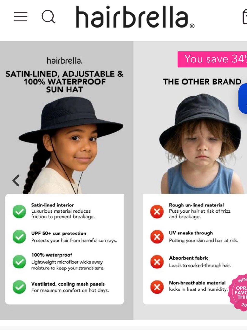 Hairbrella Kids Black Waterproof Sun Hat - Satin-Lined, Adjustable — image 2 of 6